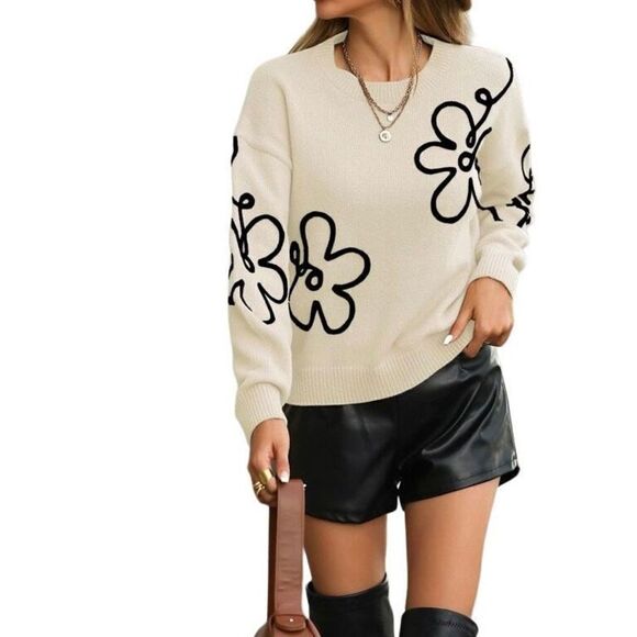 Floral Doodle Drop Shoulder Sweater Medium - Picture 1 of 5